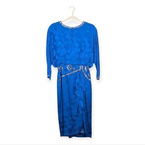 Vintage Lauren Alexandra Blue Silk Floral Jacquard Sequin Dress Size 12